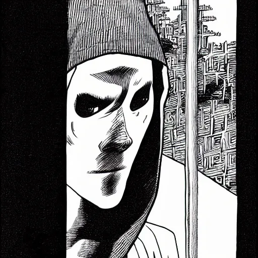 Prompt: hooded man, junji ito,