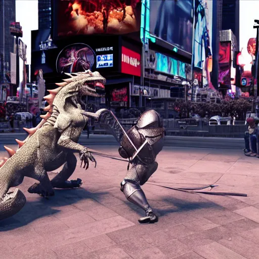 Image similar to a knight fighting a dragon in Times Square, unreal engine, 8k, photo realistic