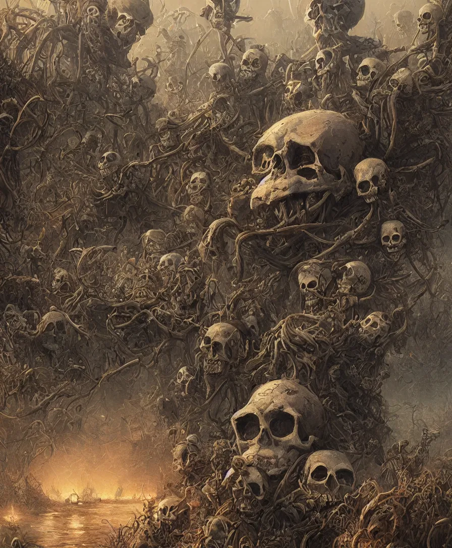 Image similar to close up skull and bones pile, illustrated by Simon Stålenhag and Gaston Bussiere, intricate, ultra detailed, photorealistic, trending on artstation