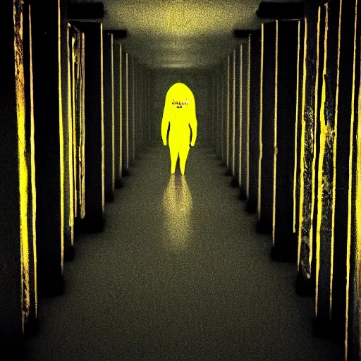 Prompt: A cinematic horror film still of a grotesque monster in a maze of yellow dimly lit hallways.