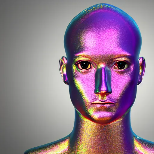 Image similar to 3d render of holographic human robotic head made of glossy iridescent, surrealistic 3d illustration of a human face non-binary, non binary model, 3d model human, cryengine, made of holographic texture, holographic material, holographic rainbow, concept of cyborg and artificial intelligence