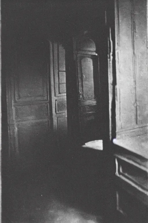 Prompt: Black and white camera obscura image of creepy room, 1910s paris, scary, horror, dark mood