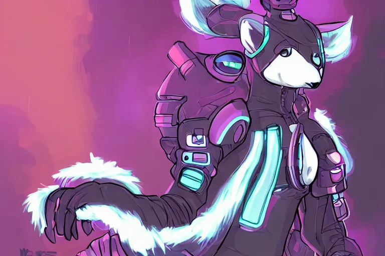 Image similar to a cyberpunk anthropomorphic fox with a fluffy tail, comic art, trending on furaffinity, cartoon, kawaii, backlighting, furry art!!!, neon, concept art