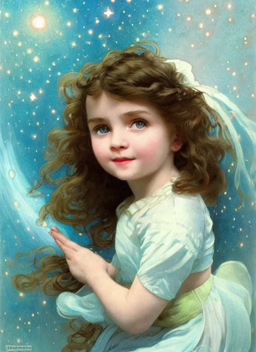 Image similar to a cute little girl with a round cherubic face, blue eyes, and short wavy light brown hair smiles as she floats in space with stars all around her. she is wearing a turquoise dress. beautiful painting by artgerm and greg rutkowski and alphonse mucha and irakli nadar