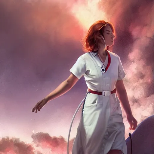 Prompt: a portrait of an female nurse in a white dress and short sleeves, battlefield, backround explosions, cloudy, digital painting, artstation, concept art, donato giancola, Joseph Christian Leyendecker, WLOP, Boris Vallejo, Breathtaking, 8k resolution, extremely detailed, beautiful, establishing shot, artistic, hyperrealistic, octane render, cinematic lighting, dramatic lighting, masterpiece, light brazen, extremely detailed and beautiful face, centered, smooth, sharp focus