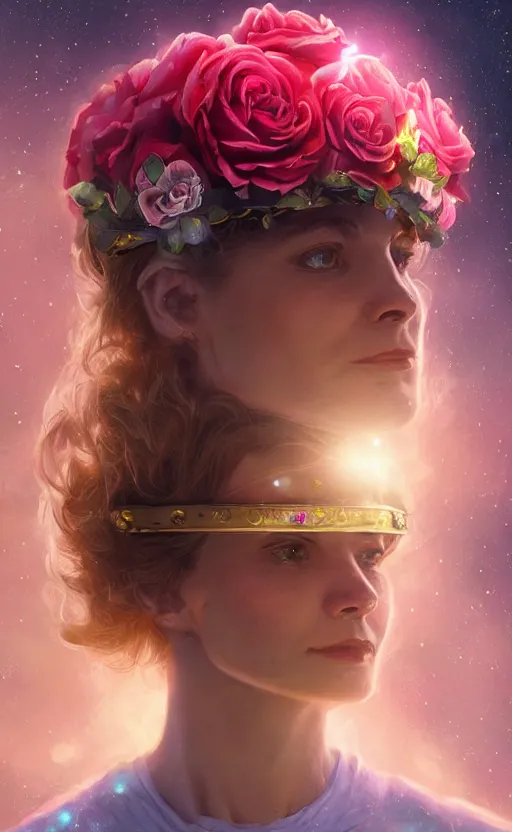 Prompt: astronaut in space with a rose flower crown, sharp focus, intricate, elegant, digital painting, artstation, matte, highly detailed, concept art, illustration, volumetric lighting, bokeh light, art by greg olsen and liz lemon swindle