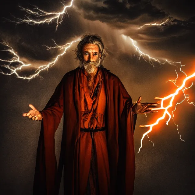 Prompt: photo of a sorcerer with lightning powers, highly detailed, 4 k, hdr, smooth, sharp focus, high resolution, award - winning photo