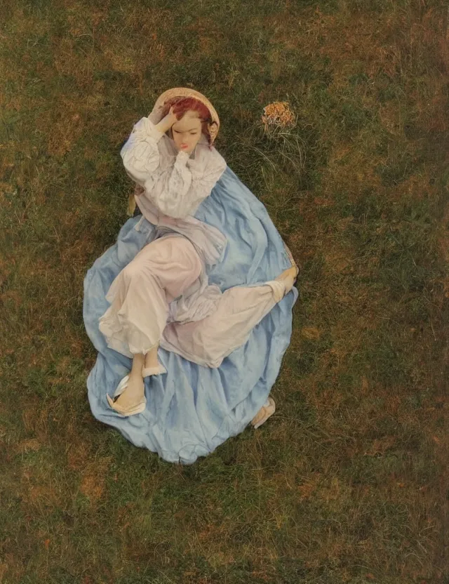 Image similar to lolita on a village, high angle view, portrait, Cinematic focus, Polaroid photo, vintage, neutral colors, soft lights, foggy, by Steve Hanks, by Serov Valentin, by lisa yuskavage, by Andrei Tarkovsky 8k render, detailed, oil on canvas