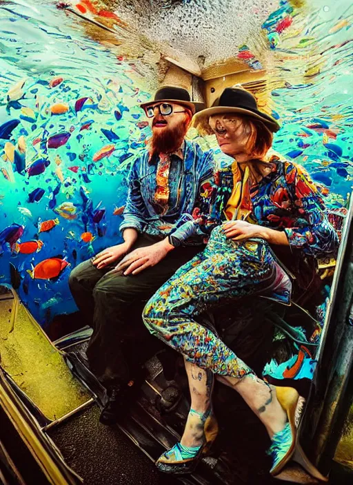 Image similar to detailed colourful masterpiece of photography by anne leibovitz couple portrait sat down extreme closeup, love, inside an underwater train, detailed realistic expressions, wearing unusual clothes, by mcbess, ultra wide angle