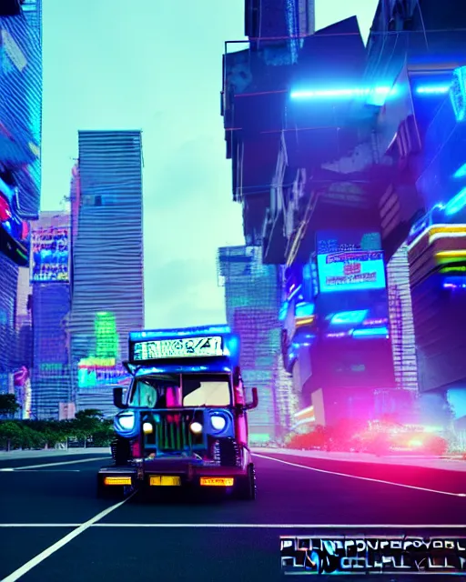 Prompt: philippine jeepney flying through cyberpunk manila city, cgi render, concept art, unreal engine