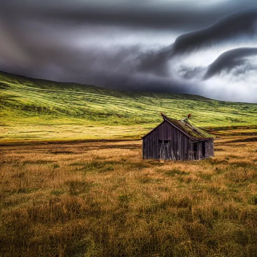 Prompt: a beautiful wide-angle HDR photograph of an old brown wooden farmhouse in disrepair, in a field in Iceland with lush green grass and a snowy mountainous background with ominous interesting clouds overhead, shot from low angle, award-winning photograph, f/5.6 14mm