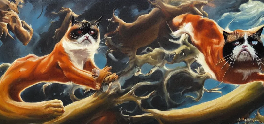 Prompt: oil painting of grumpy cat roaring as it steps over it's fallen enemy's bodies, boris vallejo, vibrant, high contrast