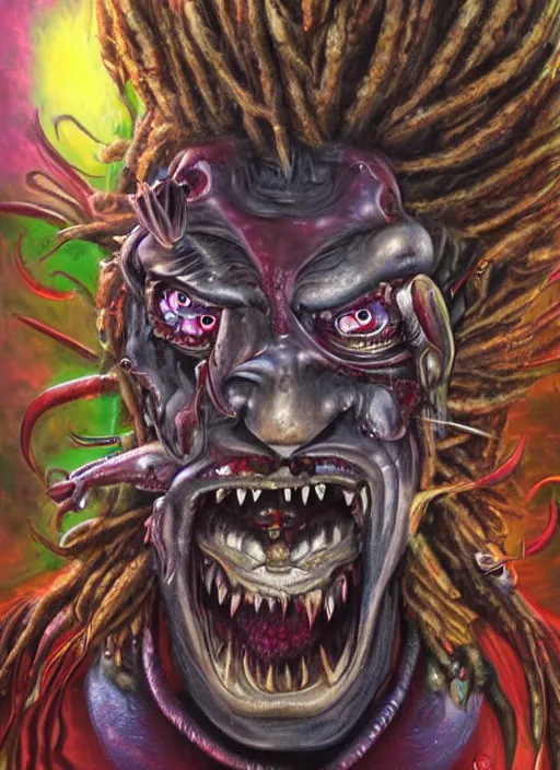 Image similar to a grotesque cyborg demon with dreadlocks telling a joke, airbrush art, shamanic horror lsd art, by basuki abdullah