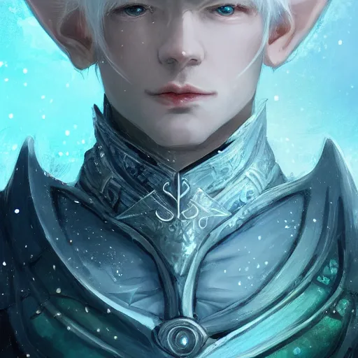 Prompt: portrait of a handsome male snow elf in a turquoise cape and silver ornate armour as an archer, albino skin, winter vibes, perfect face, big forehead, elegant, very coherent symmetrical artwork, atmospheric lighting, rule of thirds, by wenjun lin, krenz cushart, charlie bowater, trending on artstation