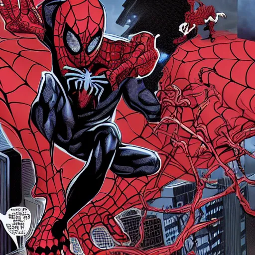 Image similar to carnage symbiote morphing in to spider man on a dark and stormy night in new york city