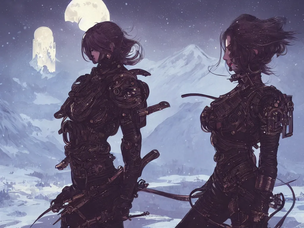 Prompt: portrait ninja gaiden girl, armored dieselpunk wardrobe, at snowy fuji mountain moonlight, ssci - fi and fantasy, intricate and very beautiful and elegant, highly detailed, digital painting, artstation, concept art, smooth and sharp focus, illustration, ( ( art by tian zi and wlop and alphonse mucha ) )