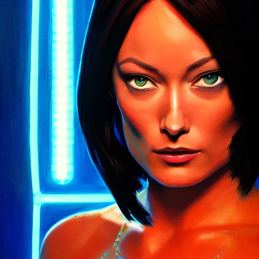 Image similar to olivia wilde as quorra, black bob cut hair, tron legacy setting, close - up, intricate details, mysterious feeling, crisp, vivid colors, blue filter, by gregory manchess, oil on canvas, 8 k