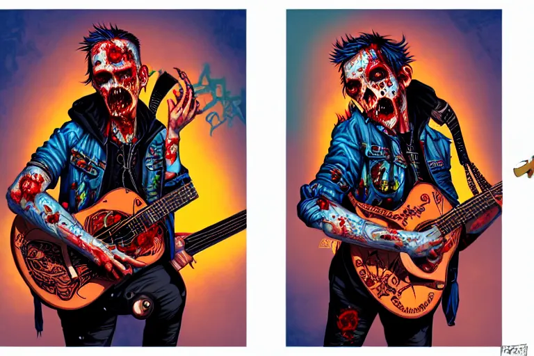 Image similar to zombie punk rocker playing acoustic guitar, tristan eaton, victo ngai, artgerm, rhads, ross draws, intricated details, 3 / 4 view, full body portrait