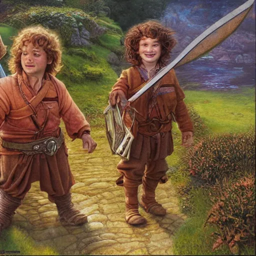 Image similar to halflings hobbits Merry and Pippin by Mark Brooks, Donato Giancola, Victor Nizovtsev, Scarlett Hooft, Graafland, Chris Moore