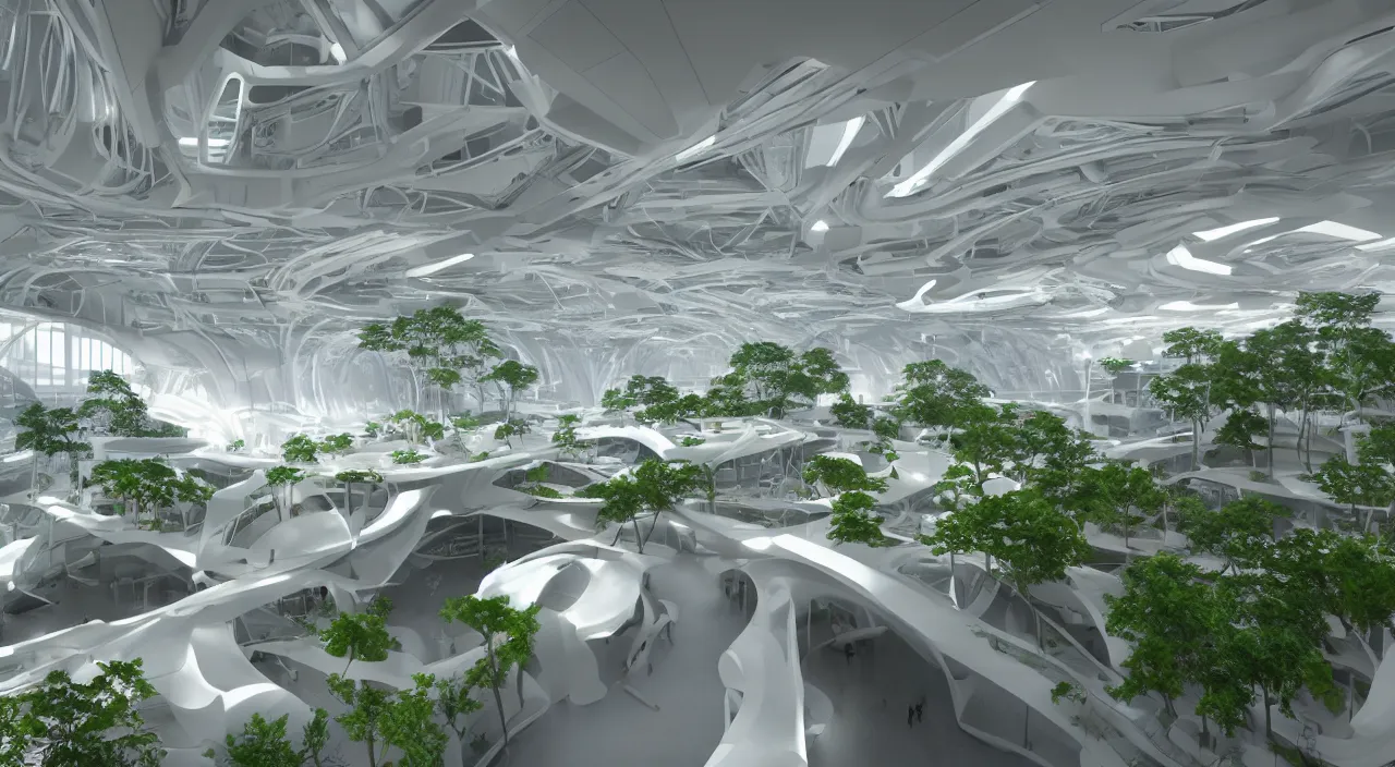 Image similar to futuristic open office with parks and plants, glowing computer screens, made with glossy white plastic and wood, large windows and voluminous light and light rays, extremely intricate, very detailed, in style of zaha hadid, artstation, octane render, cinematic lighting