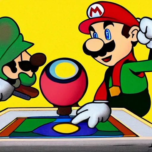 Image similar to Mario bros Luigi playing a ouija board, illustration, board game, Nintendo, artgram,