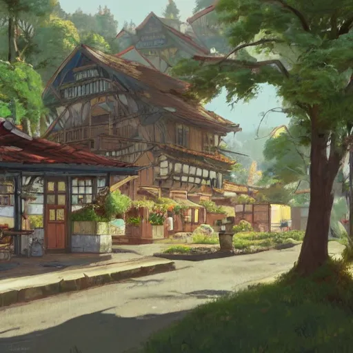 Prompt: concept art painting of a historic bakery with european and japanese architecture, in a woodland village surrounded by trees, in a mountain valley, realistic, detailed, cel shaded, in the style of makoto shinkai and greg rutkowski and james gurney