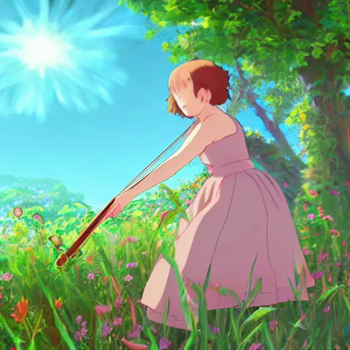 Image similar to cell shaded key visual of a young girl in a floral playing dress the violin in the style of studio ghibli, moebius, makoto shinkai,