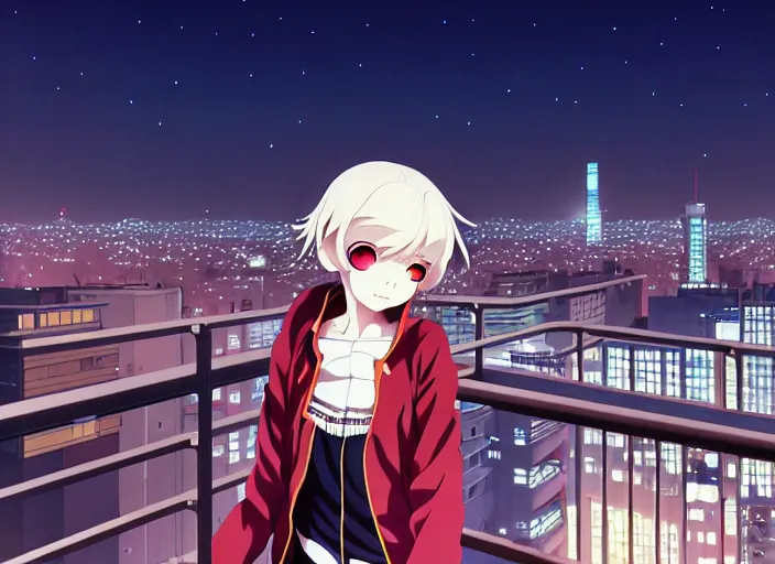 Image similar to anime visual young white - hair red - eyed girl sightseeing above the city at night from apartment balcony interior, guardrail, cute face ilya kuvshinov, makoto shinkai, kyoani, masakazu katsura, dynamic pose, crisp and sharp, yoshinari yoh, rounded eyes, anime poster