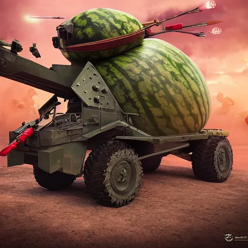 Image similar to Very very very very highly detailed sci-fi Watermelon military vehicle with epic weapons, on a battlefield in russian city. Less Watermelon more military vehicle, Photorealistic Concept 3D digital art rendered in Highly Octane Render, epic dimensional light