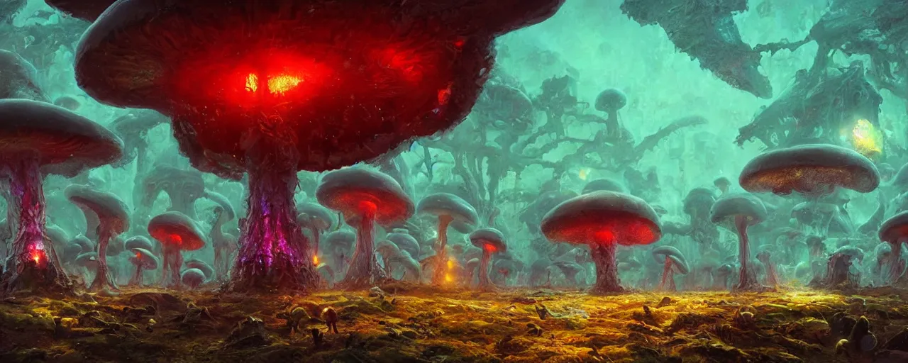 Image similar to ” partly eaten alien mushrooms, [ by paul lehr, cinematic, detailed, epic, widescreen, opening, establishing, mattepainting, photorealistic, realistic textures, octane render ] ”