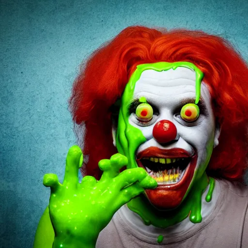 Prompt: color portrait photograph of a zombie Ronald McDonald holding a happy meal covered in slime