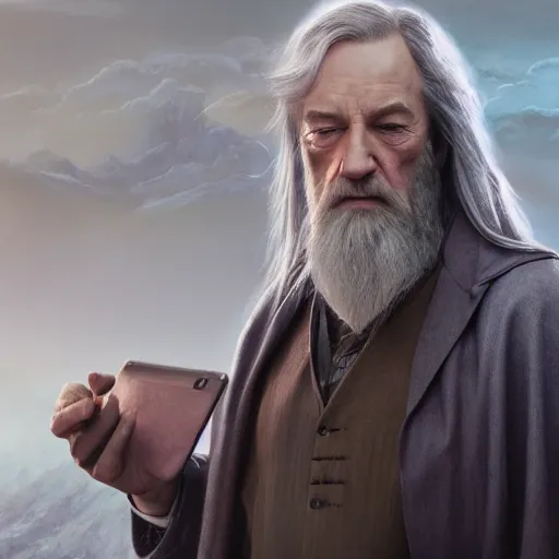 Image similar to Movie still of Saul Goodman as Gandalf holding a phone, fantasy, highly detailed, digital painting, artstation, concept art, sharp focus, illustration, art by Tony Sart and artgerm and randy vargas