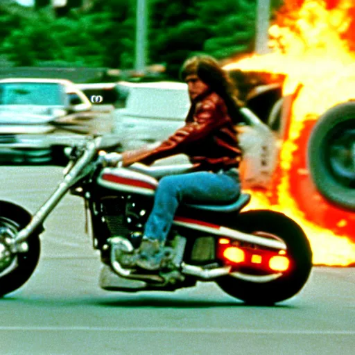 Prompt: film still from the 1995 movie 'Escape from Nerd Land'. Exciting action scene of a motorcycle and explosions. Sigma 85mm f/2.4