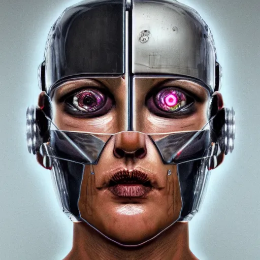 Image similar to mugshot photo of an ugly criminal, cyborg, (((high tech, cyberpunk))), ((very coherent symmetrical artwork, cinematic, hyper realism, high detail, 8k))