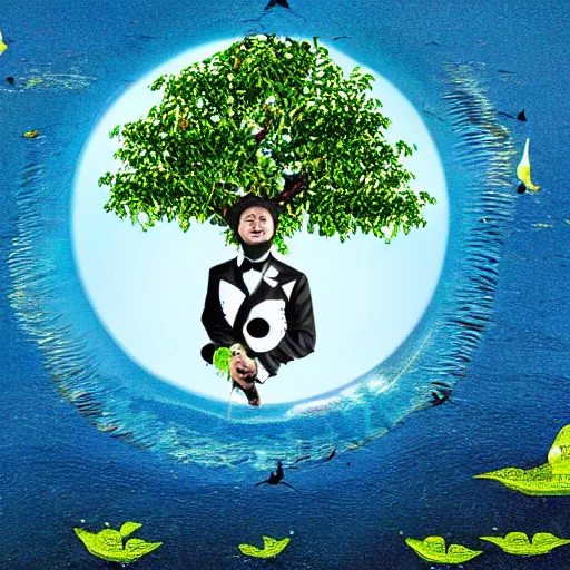 Prompt: mango tree full of eyes wearing a tuxedo while floating on the sea