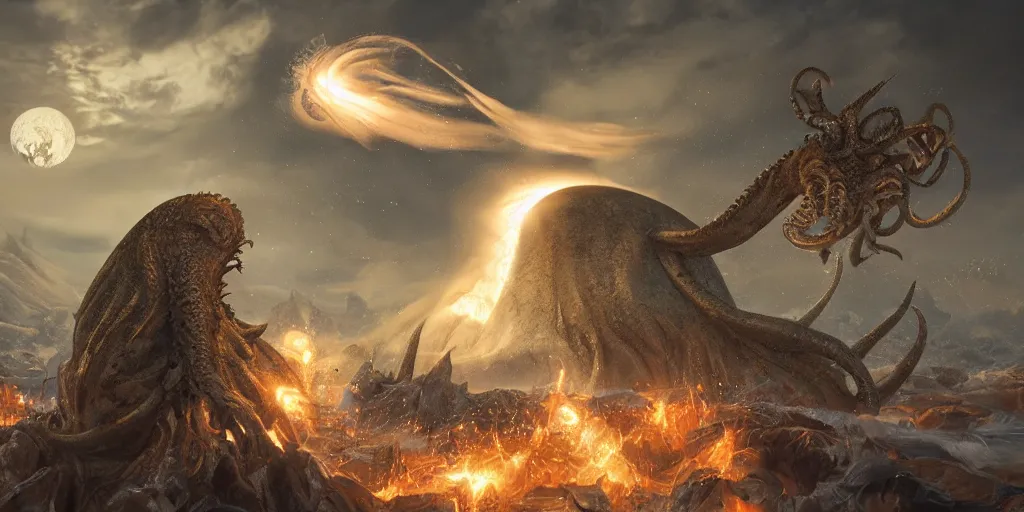 Image similar to dystopian fantasy vanilla ice cream come in the foreground being eaten by Cthulhu as exploding volcano is hit by meteor in the background, by Philipp A. Urlich and H. R. Geiger and H. P. Lovecraft, fantasy, intricate, elegant, highly detailed, digital painting, artstation, blender, unreal engine 5, octane render, smooth, sharp focus, illustration