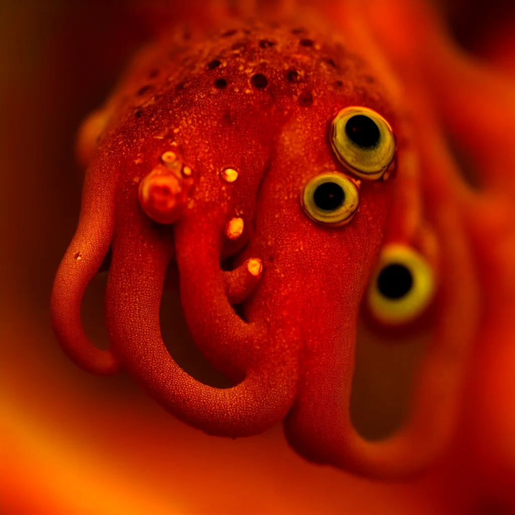 Image similar to fiery whimsical emotional eyes cephalopod, in a photorealistic macro photograph with shallow dof