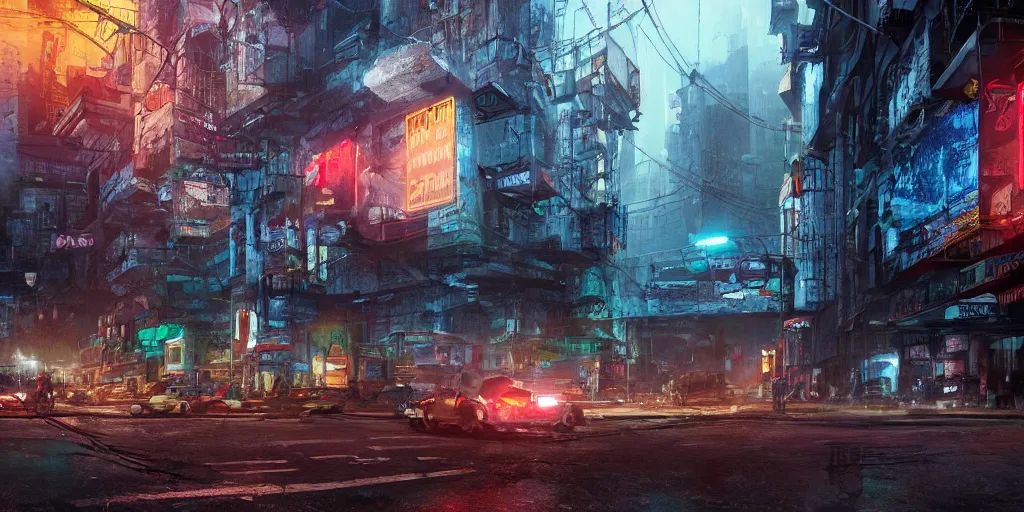 Prompt: a guatemalan solitary cyberpunk city, abandoned with neon ads and signs with evocative dramatic mood with blade runner vibe with cars and floating vehicles with motion blur with depth of field with bloom with lightshaft with volumetric lights, fog, by jeremy mann, oscar winning graphics, photo realistic, bloom, imax, dynamic lighting, artstation,