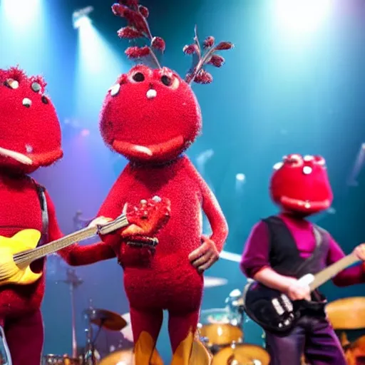 Prompt: anthropomorphic cranberries, on stage, playing rock music