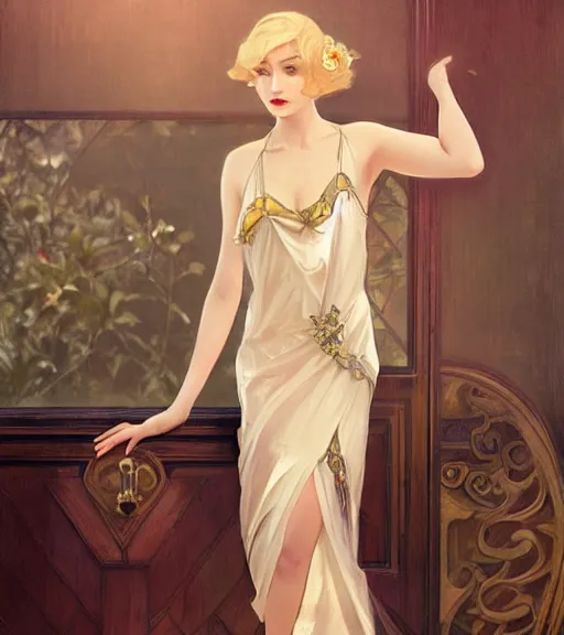 Prompt: Blonde girl in the roaring twenties wearing a dress, full-body shot, digital painting, smooth, elegant, hd, art by WLOP and Artgerm and Greg Rutkowski and Alphonse Mucha