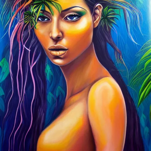 Prompt: side view portrait of beautiful woman constructed of a tropical rainforest, her hair is constructed of a waterfall, acrylic painting, art by dimitra milan.