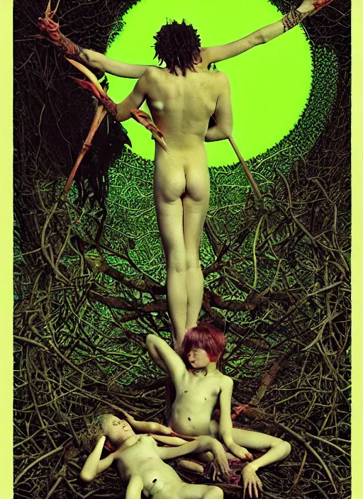 Prompt: pagan boy and girl performing an occult satanic ritual on a goat in a deep thorns bones bloody 3d vaporwave cyber forest, by Austin Osman Spare and Takato Yamamoto, high resolution, rendered in octane 3d