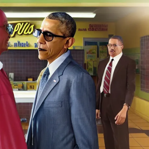 Image similar to blurry film still of obama meeting gus fring at los pollos hermanos, breaking bad scene, octane render, 4k, photorealistic, detailed