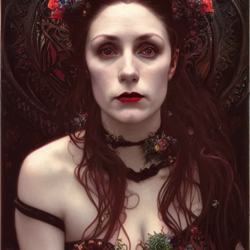 Image similar to portrait of a lady vampire, 35mm, victorian, depth of field, ominous, sharp, highly detailed, photorealistic, realistic, unreal 5, high definition, 8k, deviantart, donato giancola, irwin penn, ((Alphonse Mucha))