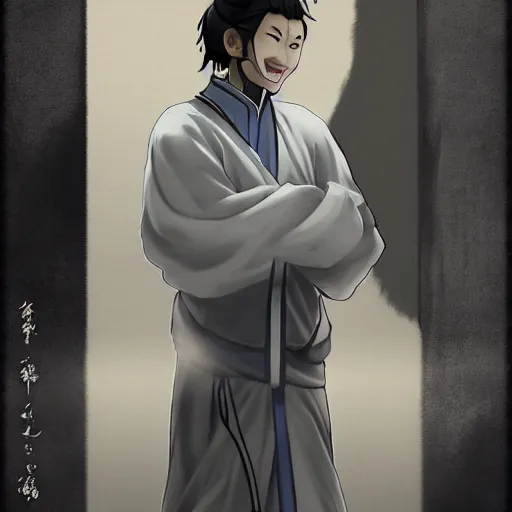 Image similar to photography of a smiling middle aged taoist priest in grey looks like zun long, anime waifu style character, clean soft lighting, backlit handsome face, clean brush stroke, 8 k character concept art, by wlop and artgerm, 3 d, yoji shinkawa