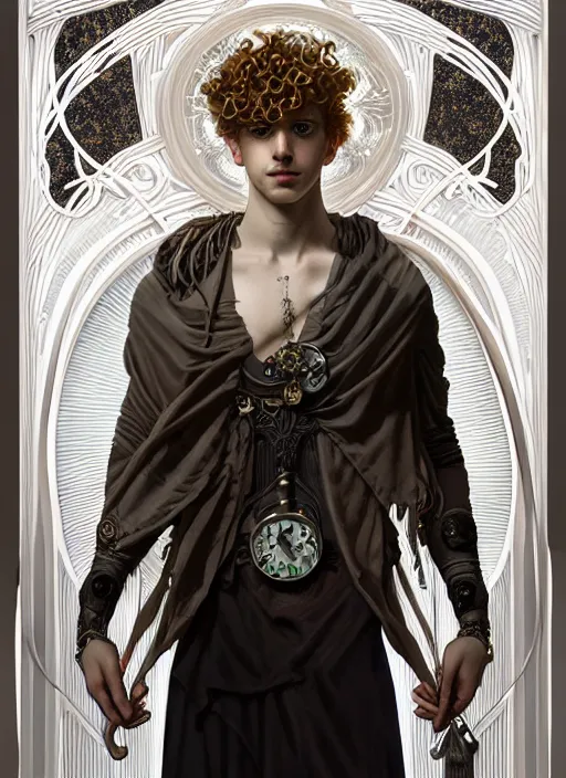 Prompt: the god hermes, young man, curly blond hair, glowing eyes, volumetric lights, cyan and white scheme, art nouveau botanicals, gothic, intricate, highly detailed, digital painting, artstation, concept art, smooth, sharp focus, symmetric face, illustration, steampunk, art by artgerm and greg rutkowski and alphonse mucha