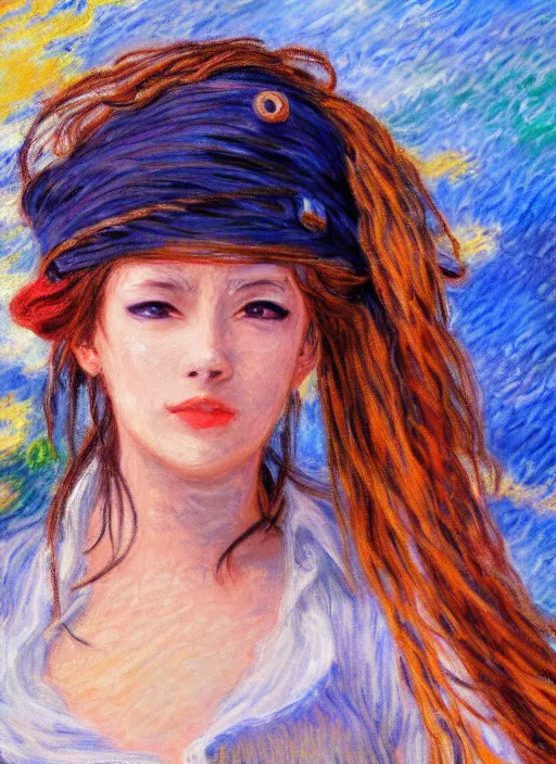 Image similar to a portrait of a female pirate, anime in impressionist style, trending artwork, 4 k, anime painter studio, by claude monet