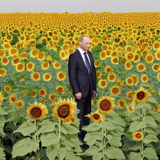 Image similar to Putin standing among a burning field of sunflowers,