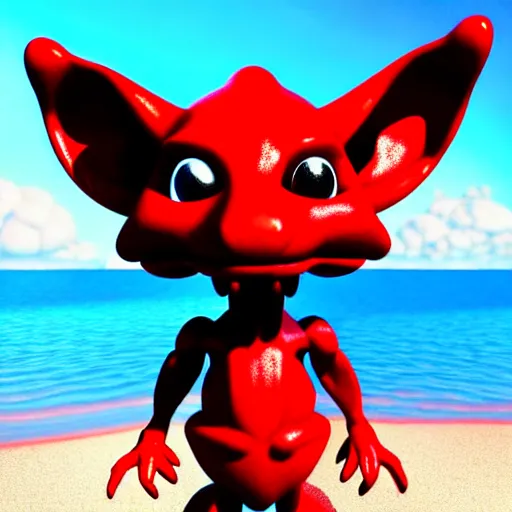 Image similar to Cute red Kobold wearing caveman clothes at a beach, digital art, anime, cartoon shader 3D model