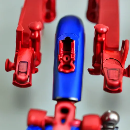Prompt: photograph of a red and blue bleyblade toy